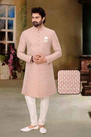 Light Pink Embroidery Silk Indo Western Sherwani